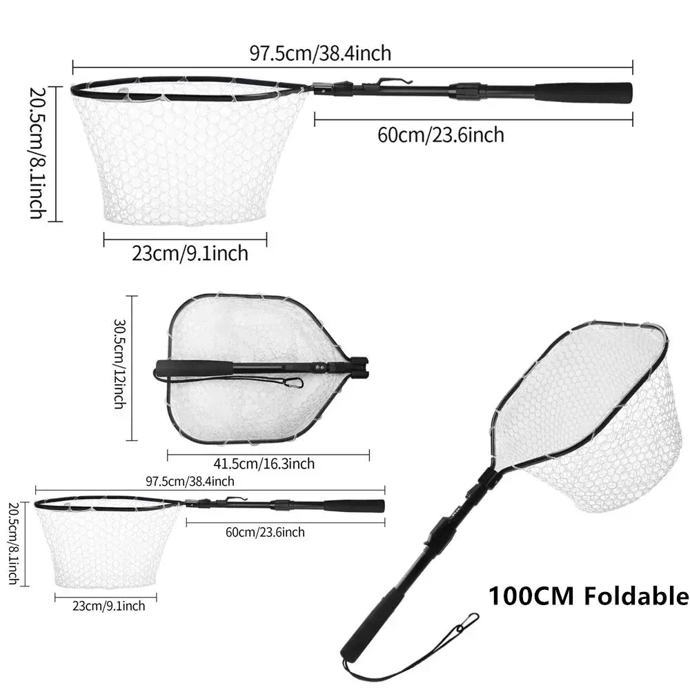 Collapsible fishing landing net with telescoping pole, dimensions 100CM, foldable design for easy storage.