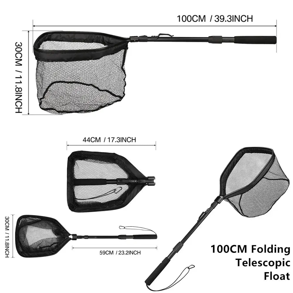 Collapsible fishing landing net with telescoping handle, extendable lengths, perfect for both saltwater and freshwater fishing.