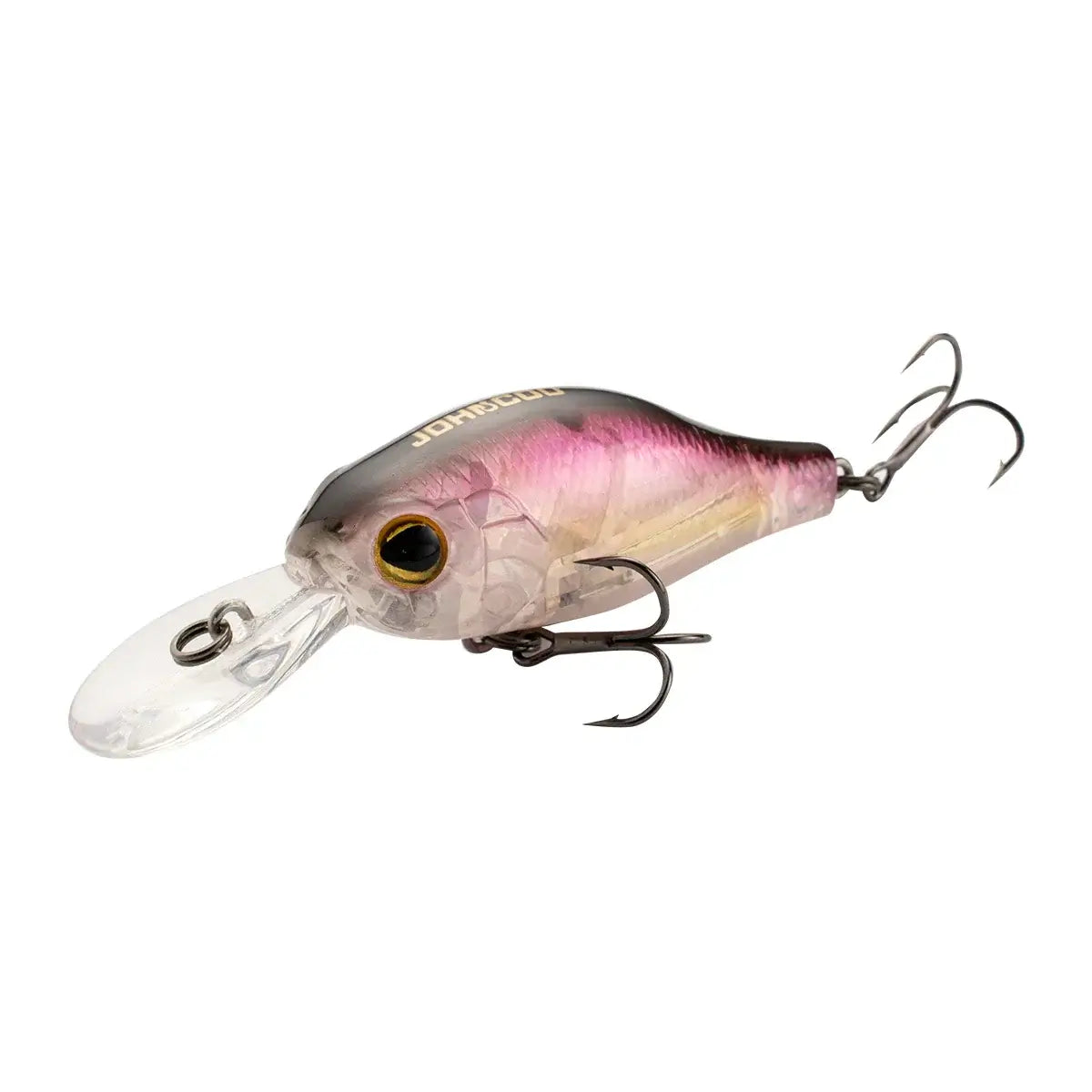 Crankbait fishing lure with transparent body, pink accents, and sharp hooks for targeting pike and minnows.