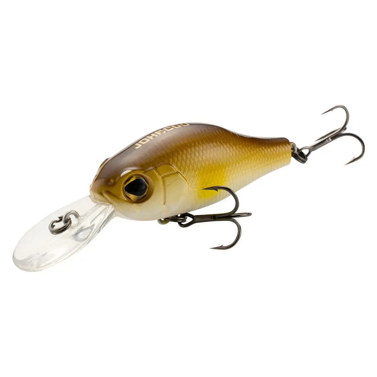 Crankbait fishing lure with realistic design for pike and minnow fishing, featuring a transparent lip and treble hooks.