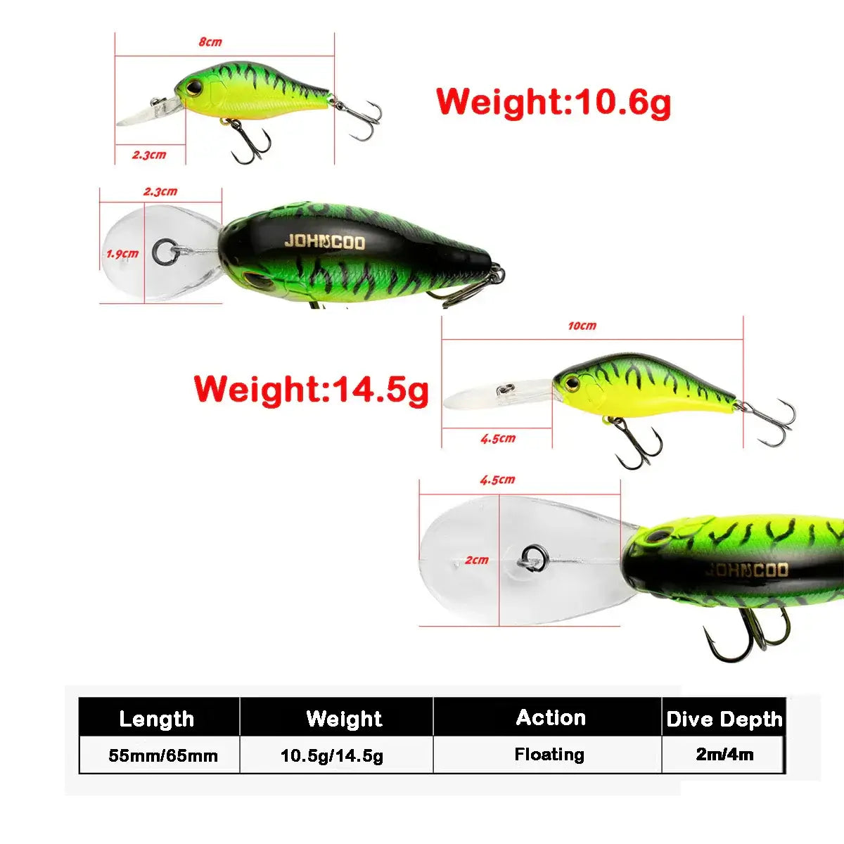 Crankbaits Fishing Lure specifications including sizes, weights, and floating action for pike and minnow fishing.