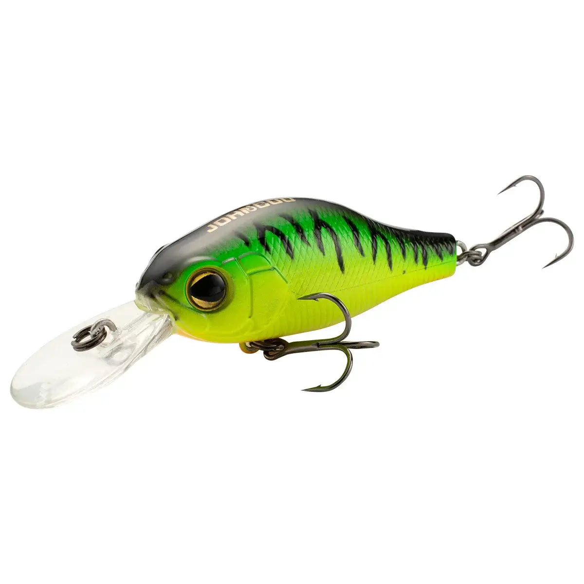 Crankbait fishing lure in vibrant green and yellow design with treble hooks for pike and minnow fishing.