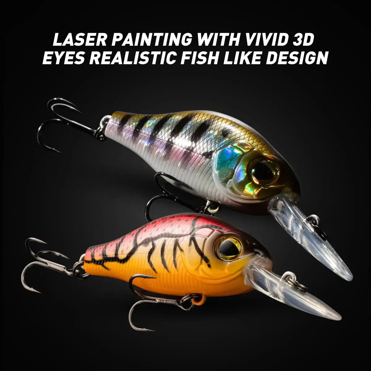 Realistic fish-like crankbaits with vivid 3D eyes, showcasing laser painting design for effective fishing.
