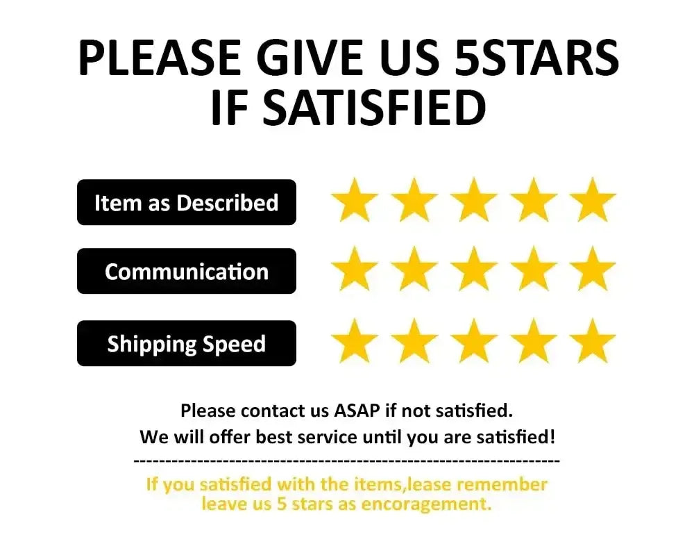 Graphic urging customers for 5-star feedback on item description, communication, and shipping speed.