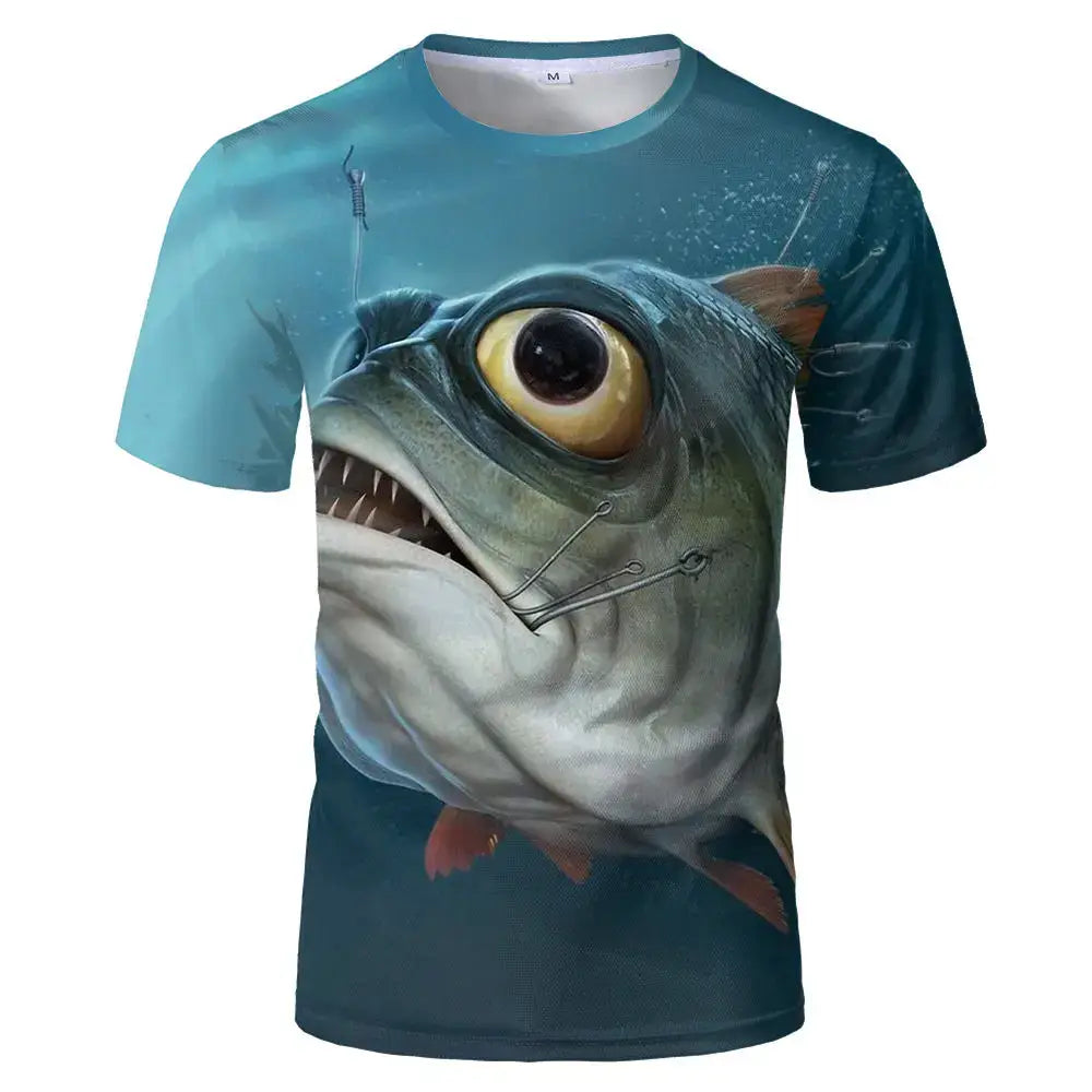 Men's casual fishing t-shirt featuring a vibrant 3D digital fish print design, perfect for summer wear.