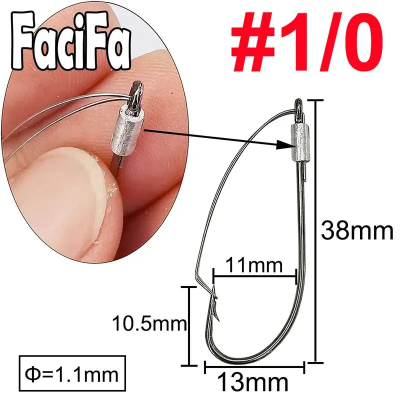 Close-up of a #1/0 fishing hook held by a finger, showcasing its design and measurements for precision fishing.