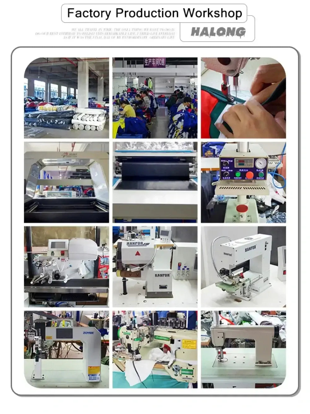 Collage of Halong factory production workshop showcasing sewing machines and workers in action. High-quality manufacturing process.