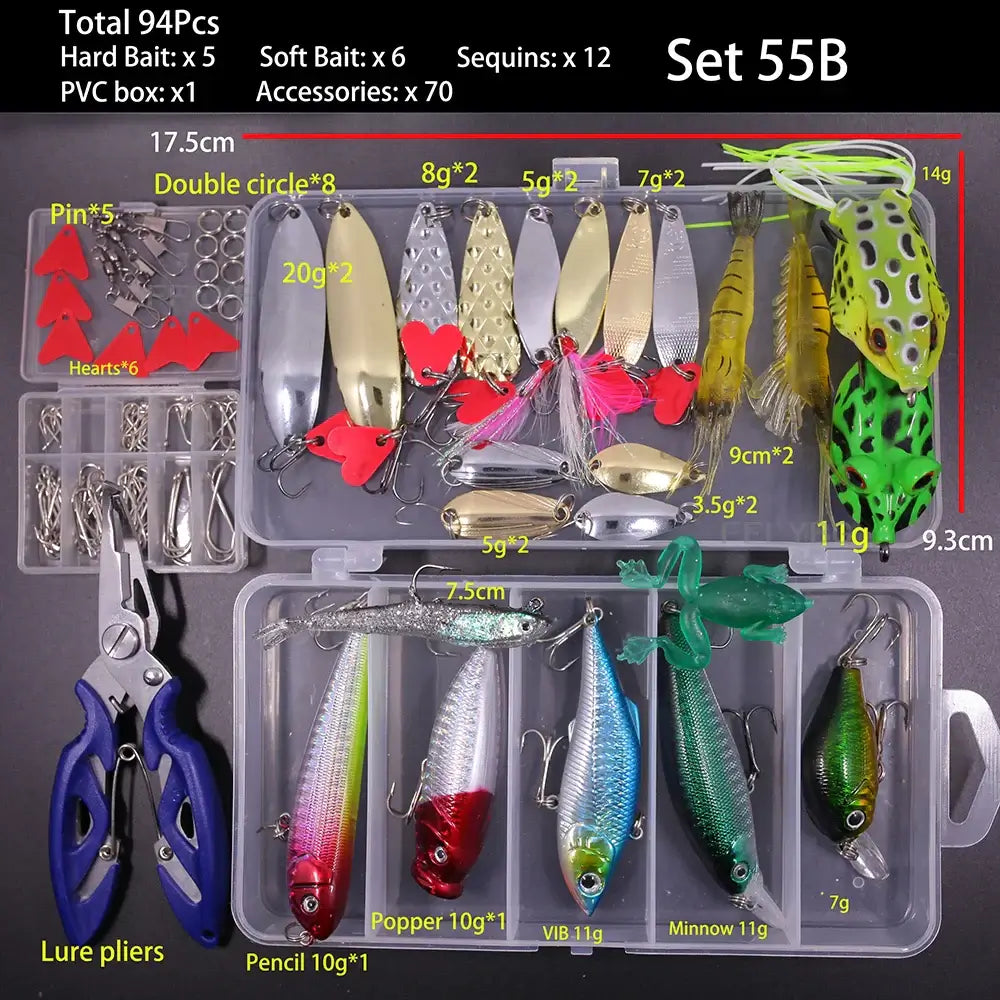FFLYBG Mixed Fishing Lure Set with 94 pieces including soft and hard baits, sequins, and accessories in a PVC box.