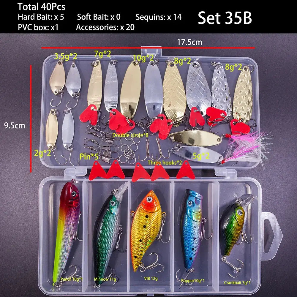FFLYBG Mixed Fishing Lure Set with 40 pieces, including hard baits, spoons, and accessories, in a durable PVC box.