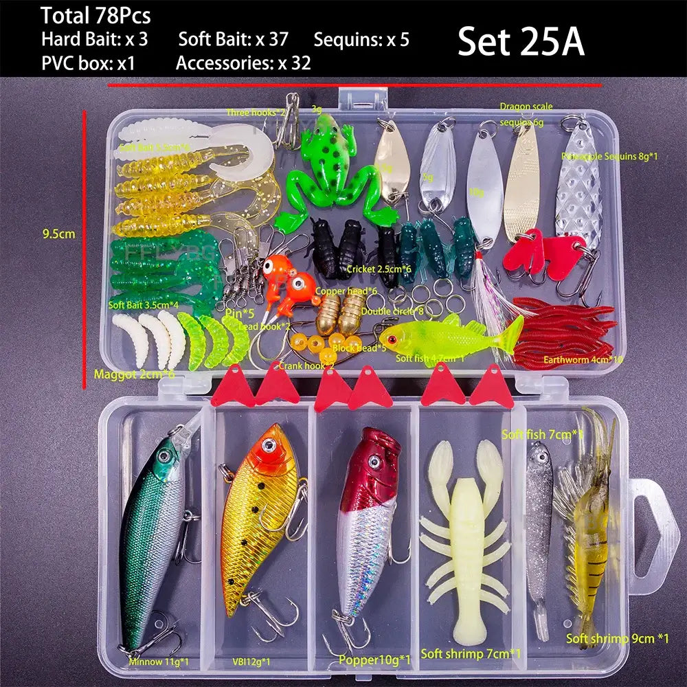 FFLYBG Mixed Fishing Lure Set with 78pcs including hard and soft baits in a convenient tackle box for various fishing types.