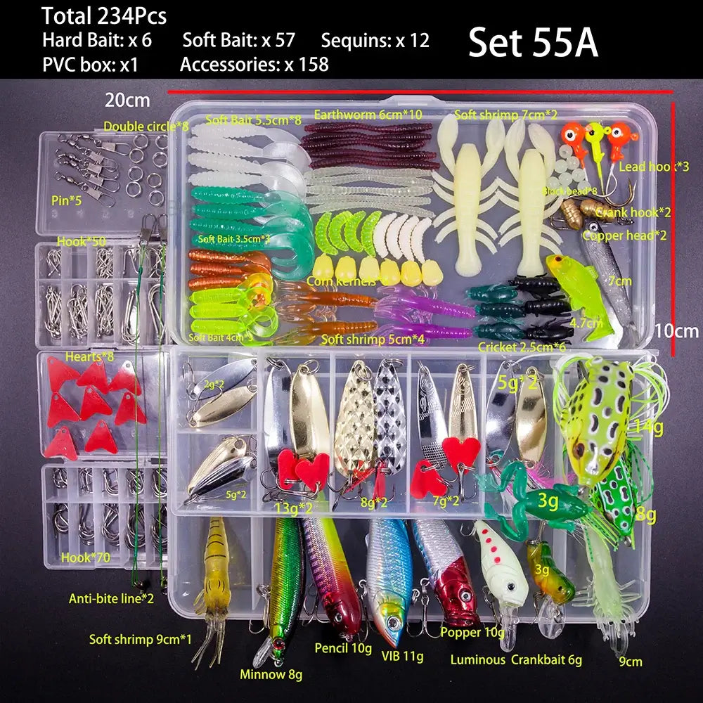 FFLYBG Mixed Fishing Lure Set featuring 234 pieces of soft and hard baits, tackle accessories in a portable box.