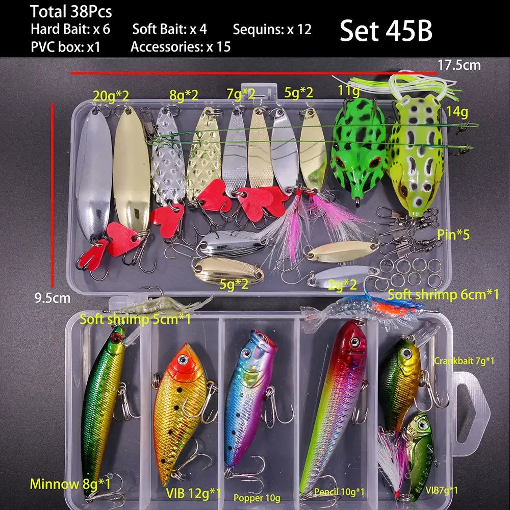 FFLYBG Mixed Fishing Lure Set with 38 pieces including hard and soft baits in a clear storage box.