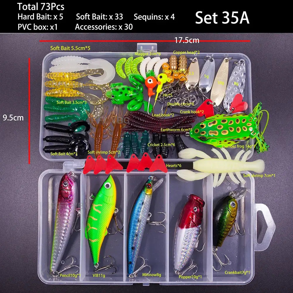 FFLYBG New Mixed Fishing Lure Set including 73 pieces of soft and hard baits in a PVC tackle box for various fishing positions.
