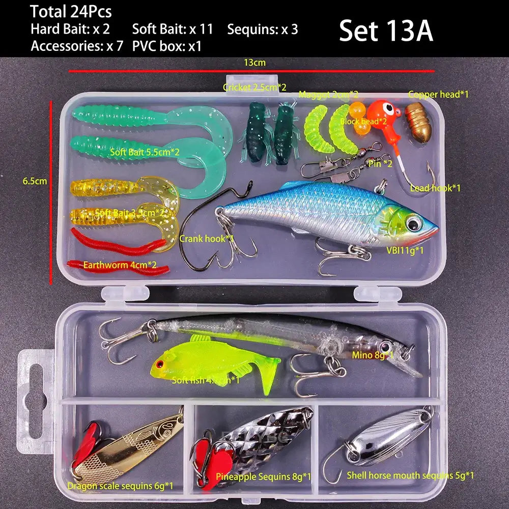 FFLYBG Mixed Fishing Lure Set including 24 pieces of soft and hard baits, perfect for bass and pike fishing.
