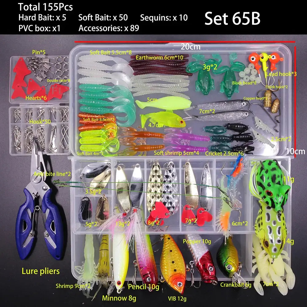 Mixed fishing lure set with 155 pieces including soft and hard bait, tackle accessories, and PVC box for various fishing styles.