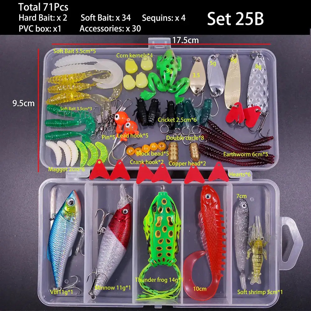 FFLYBG Mixed Fishing Lure Set featuring 71 pieces of soft and hard baits, accessories, and a PVC storage box.