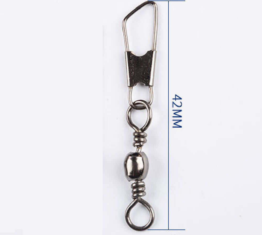 Stainless steel fishing connector accessory, 42mm design with flexible rotation for enhanced fishing performance.