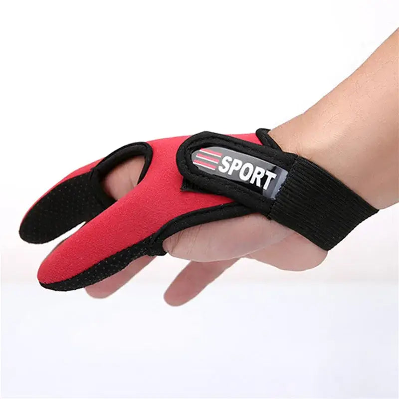 Red breathable fishing gloves with anti-slip design and two fingers exposed, ideal for outdoor activities and fishing.