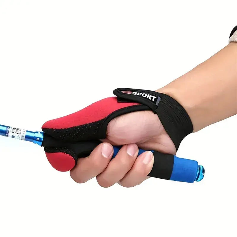 Hand wearing breathable 2-finger anti-slip fishing gloves holding a fishing rod.