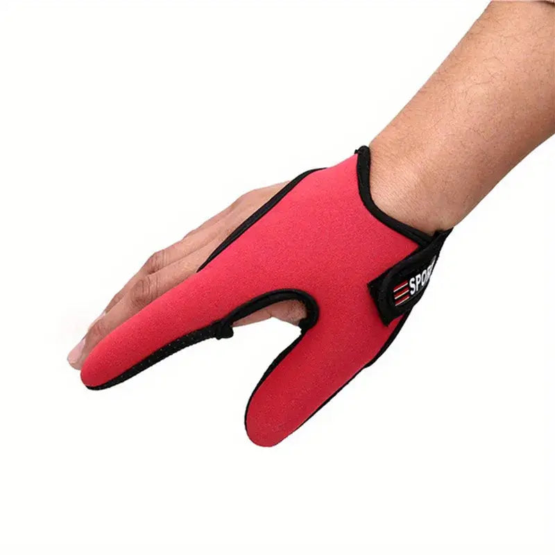 Red fishing gloves with two fingers, breathable design for fishing and outdoor activities, showcasing anti-slip protection.