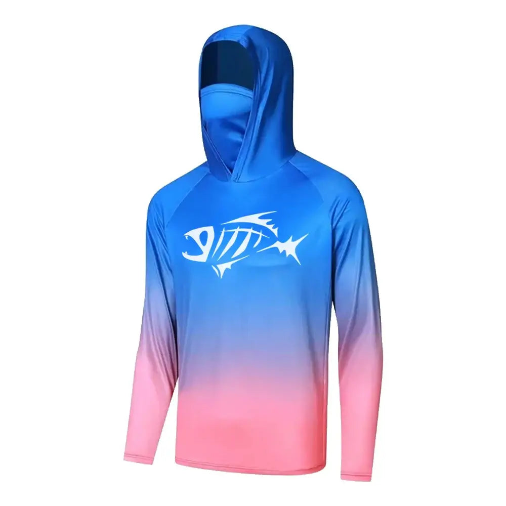 Men's long sleeve fishing hoodie shirt with UV protection and built-in mask, colorful blue to pink gradient.