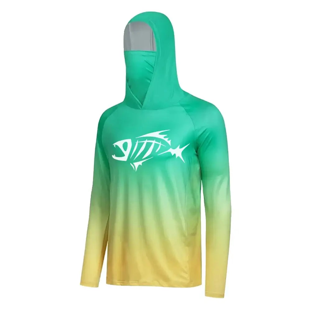 Men's long sleeve fishing hoodie shirt in green and yellow ombre, featuring a built-in mask and UV protection.