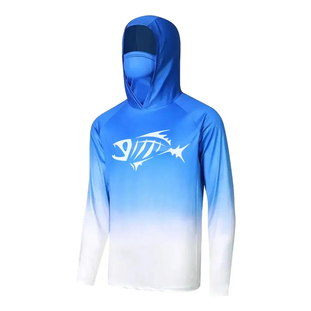Blue long sleeve fishing hoodie shirt with mask and fish logo, offering UV protection and moisture-wicking features.