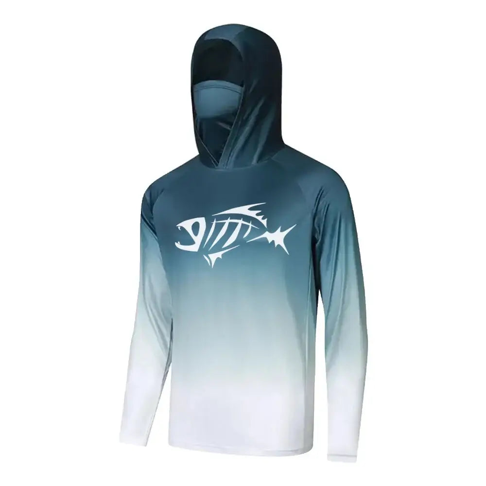 Men's long sleeve fishing hoodie shirt with mask, UV protection, and fish graphic in blue gradient design.