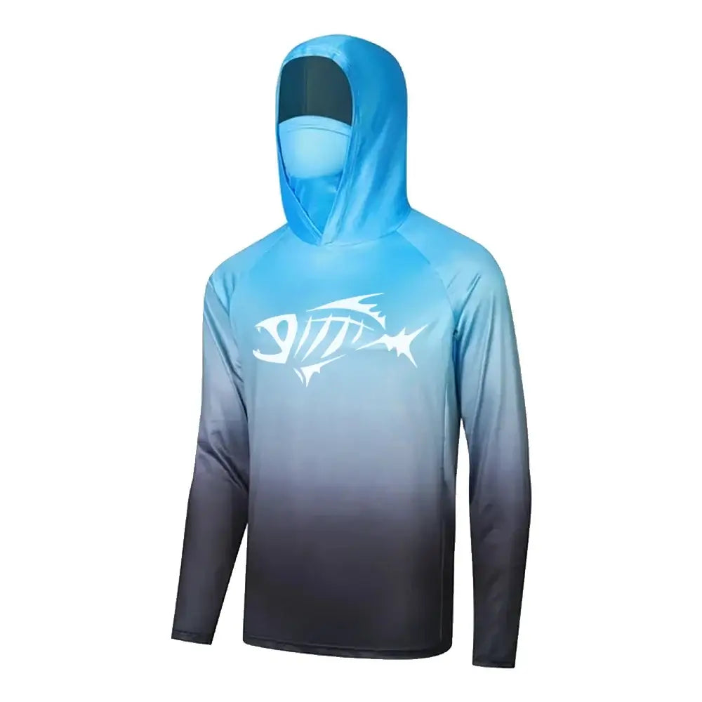 Men's long sleeve fishing hoodie shirt with UV protection, moisture-wicking fabric, and integrated face mask.