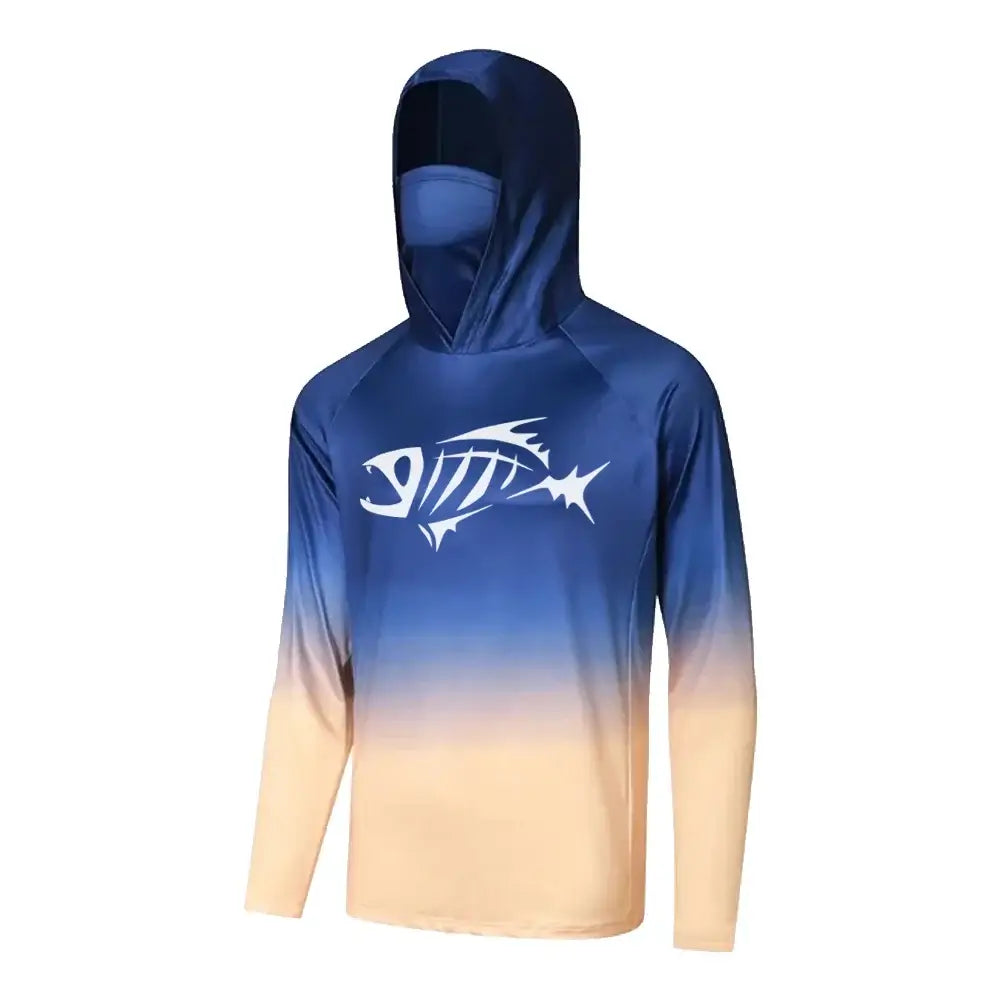Men's fishing hoodie shirt with UV protection and integrated mask, ideal for outdoor fishing trips.