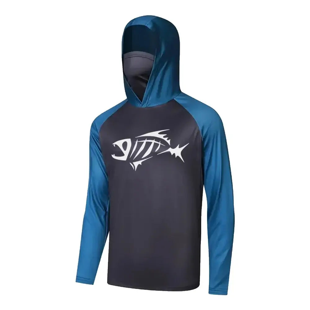 Men's long sleeve fishing hoodie shirt with mask, UV protection, moisture-wicking, and fish graphic design.