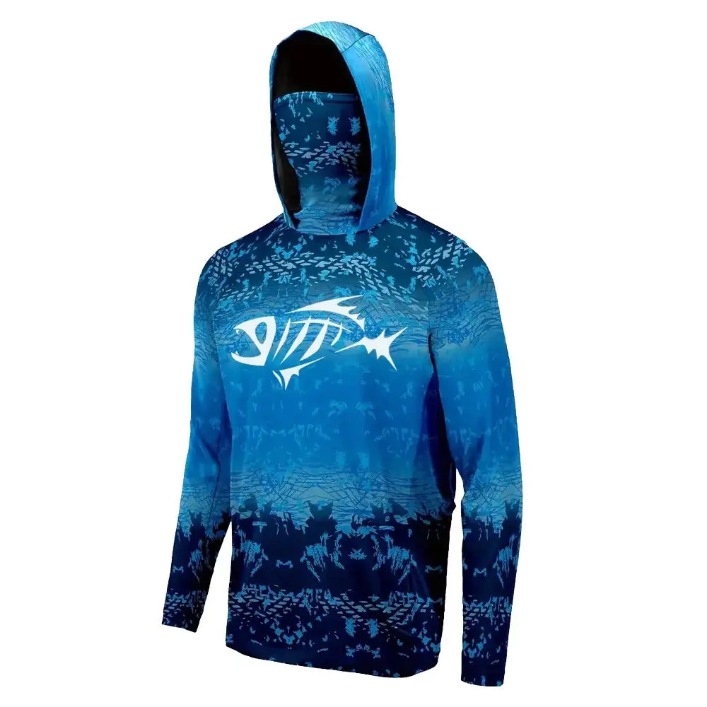 Men's long sleeve fishing hoodie shirt with mask in blue, featuring UV protection and moisture-wicking fabric.