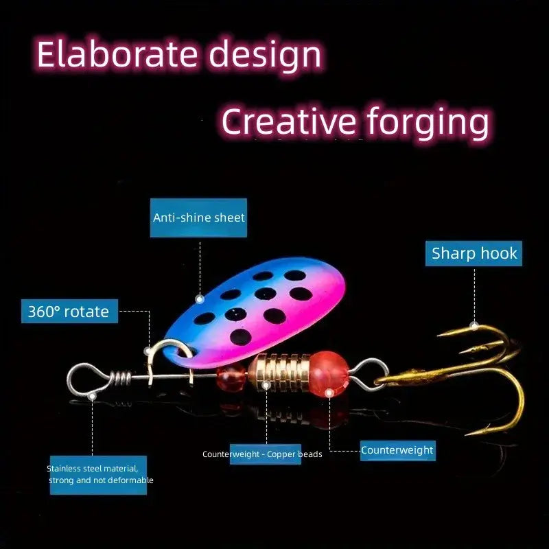Colorful fishing lure with anti-shine design, sharp hook, and rotating feature for enhanced fishing performance.