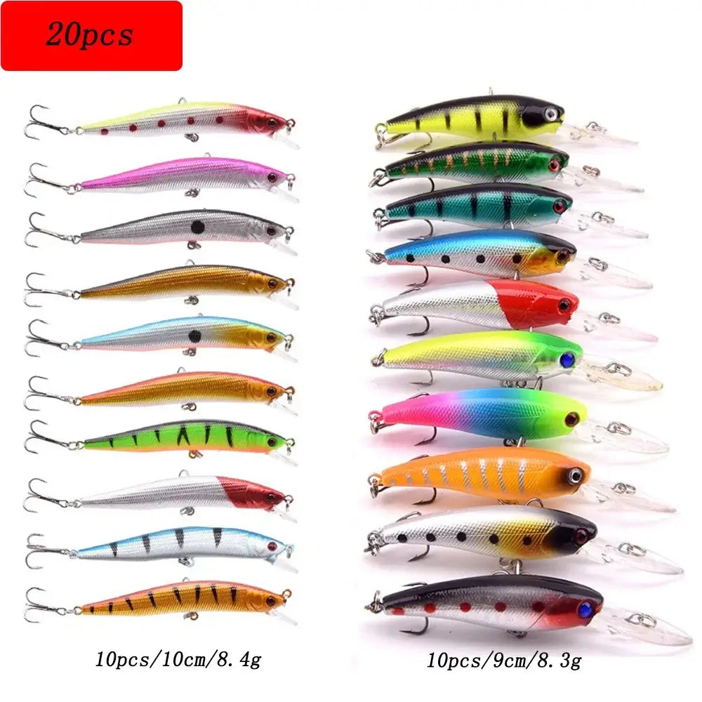 Fishing lure set featuring 20 colorful mini crankbaits, ideal for various fishing environments and techniques.