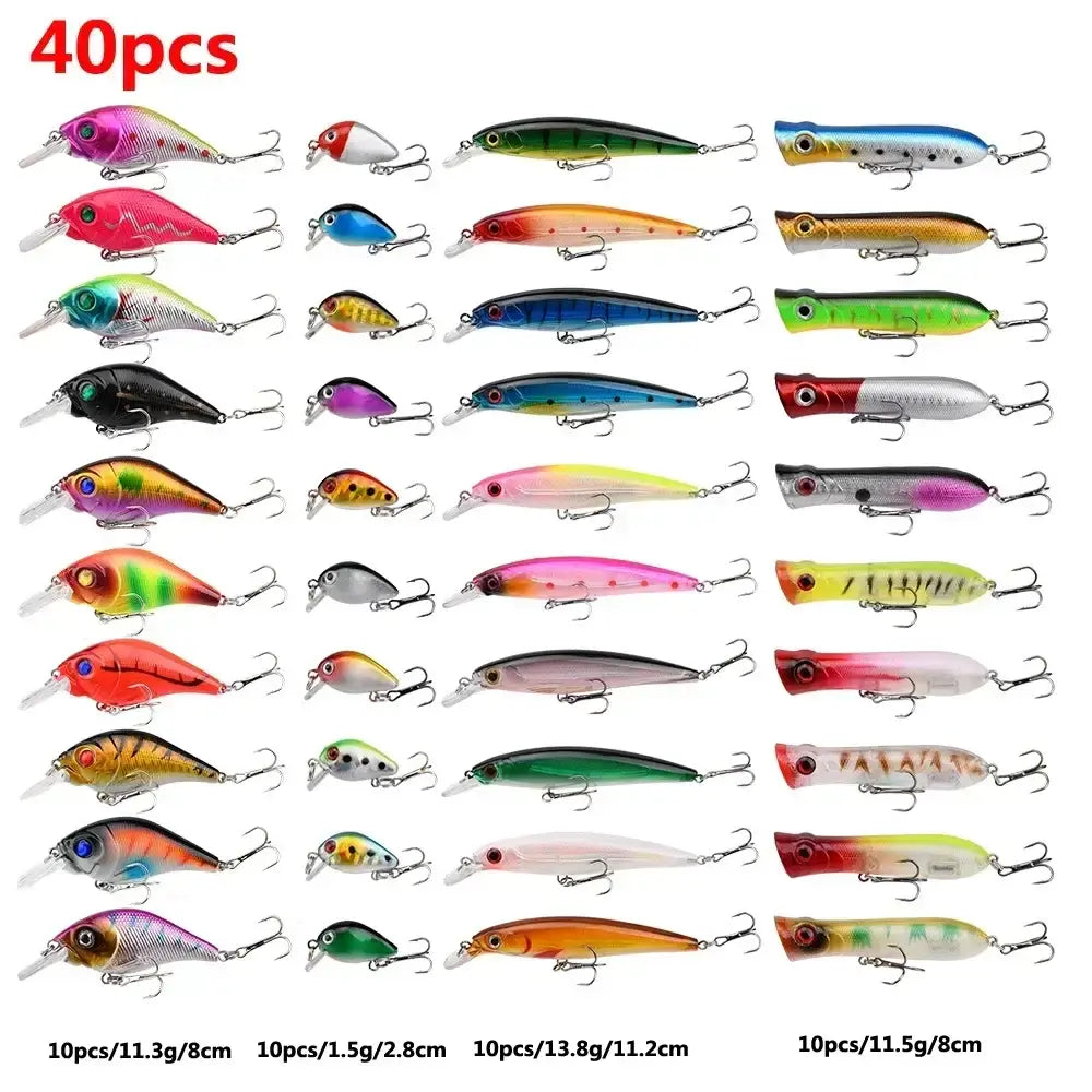 40-piece fishing lure set featuring mini minnow, crankbaits, and wobblers in various colors and styles for all fishing scenarios.