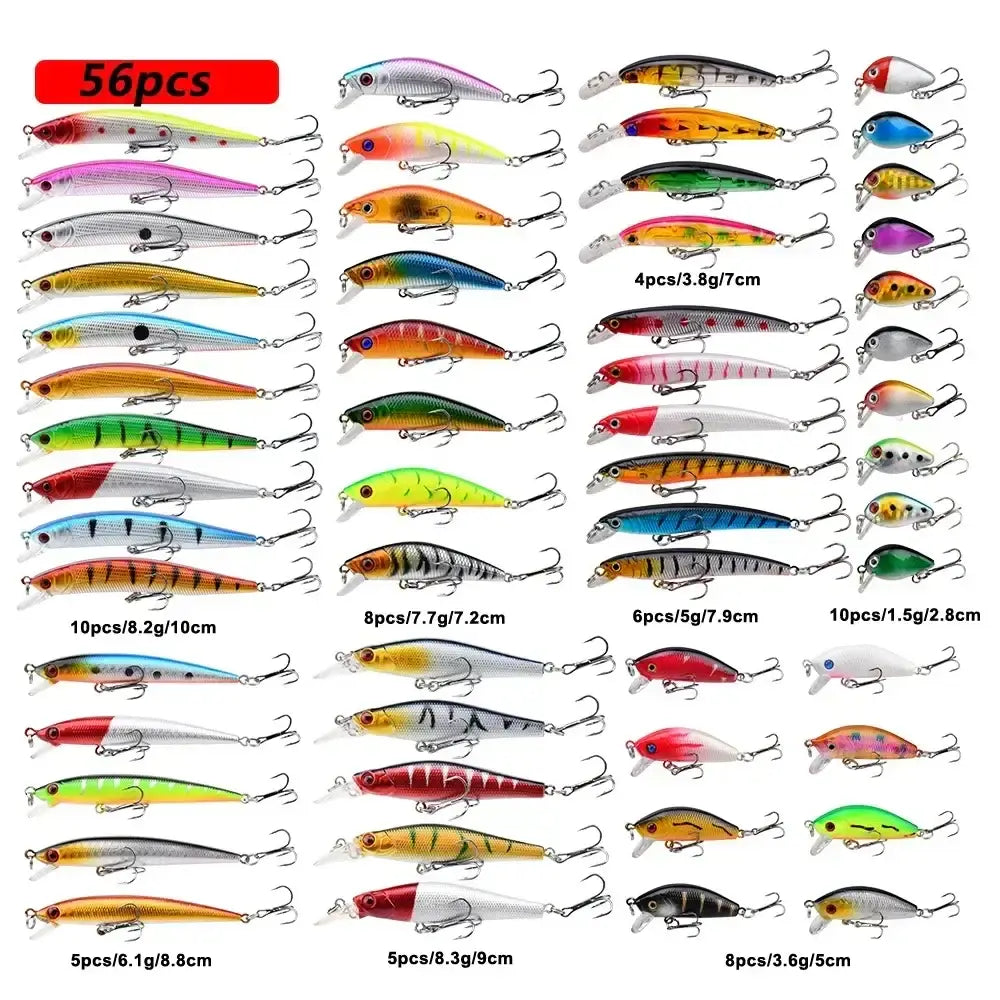 Fishing lure set featuring 56 assorted hard baits in various colors and sizes for versatile angling.