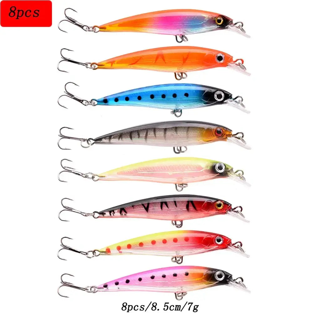 Set of 8 colorful fishing lures with hooks, designed for various angling environments like rivers and oceans.