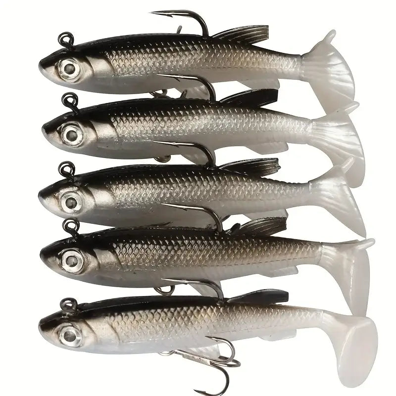 5Pcs pre-rigged jig head paddle tail soft plastic swimbaits for fishing, designed for bass, trout, walleye, and crappie.