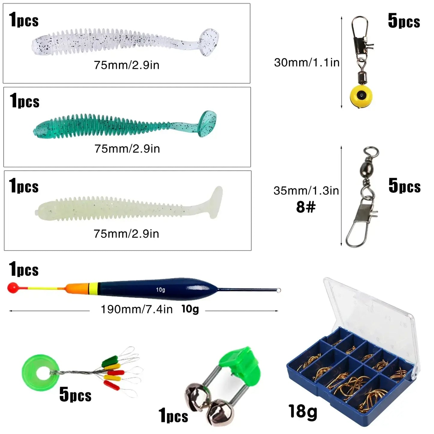 Assorted fishing accessories including soft baits, fish hooks, rigging clips, and tackle box essentials for anglers.
