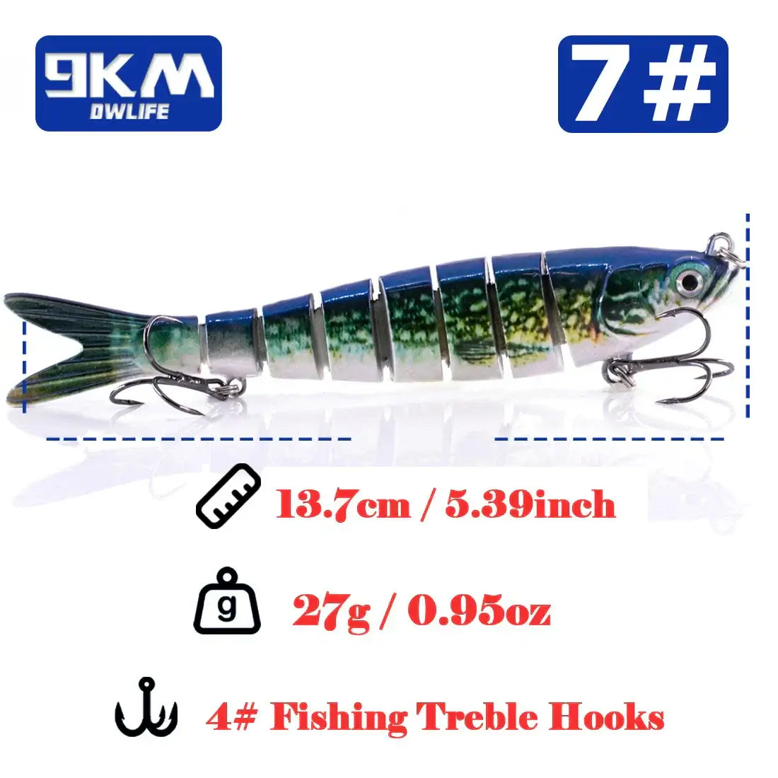 Fishing lure featuring lifelike multi-jointed design, 27g, 13.7cm, ideal for bass and trout fishing.