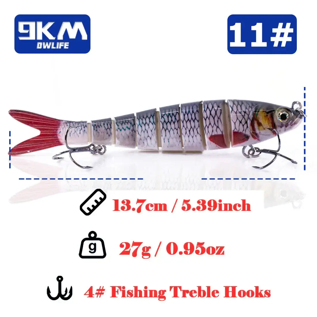 Lifelike multi-jointed swimbait for bass and trout fishing, 13.7cm long, 27g, equipped with 4 treble hooks.