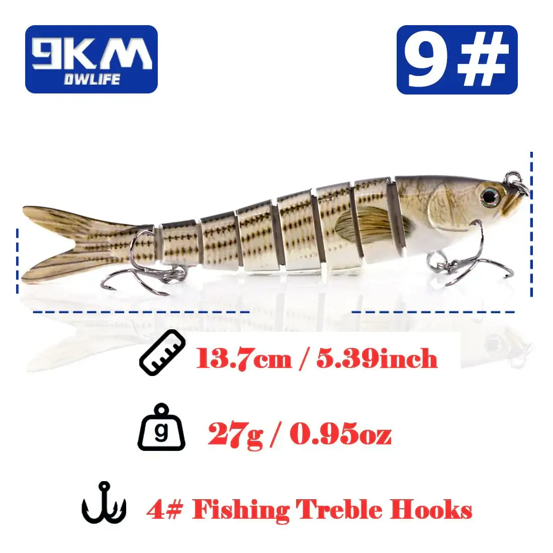 Lifelike multi-jointed swimbait for bass and trout fishing, 13.7cm, 27g, with 4# treble hooks.