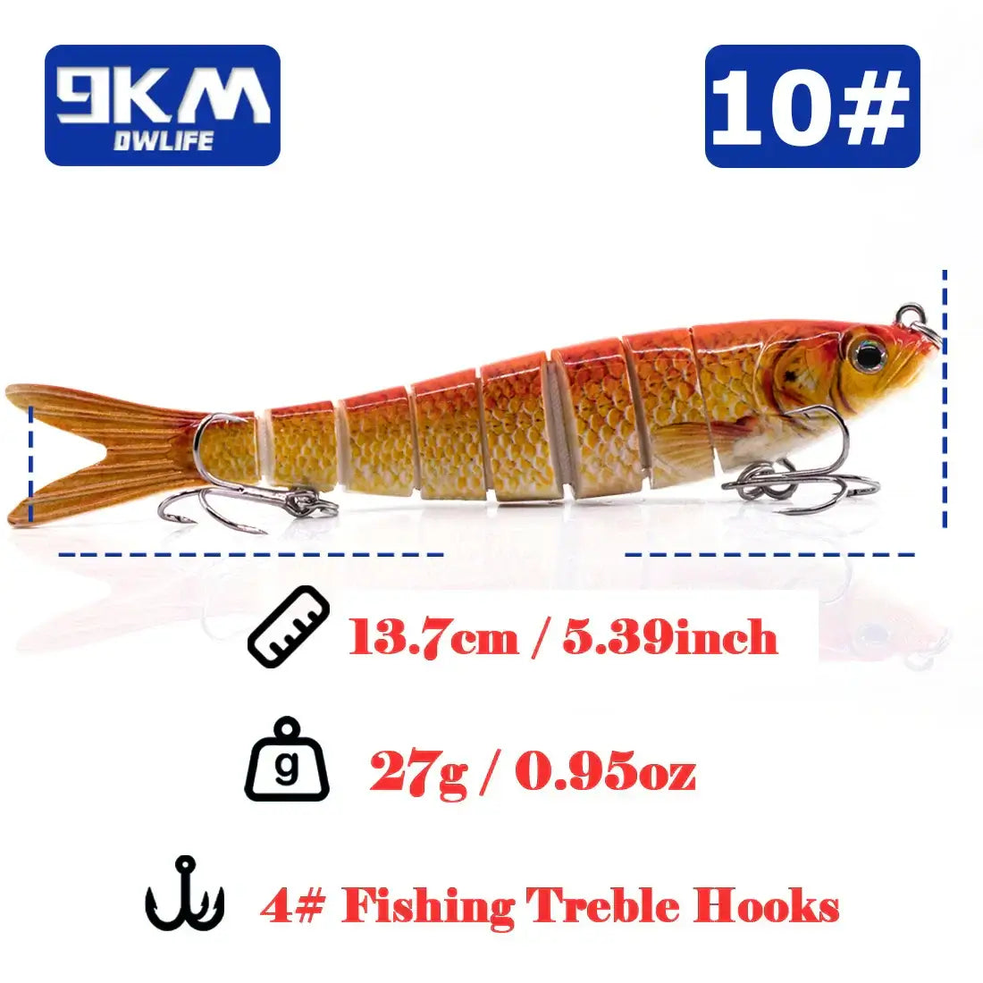 Lifelike multi-jointed fishing lure, 13.7cm, 27g, ideal for bass and trout fishing.