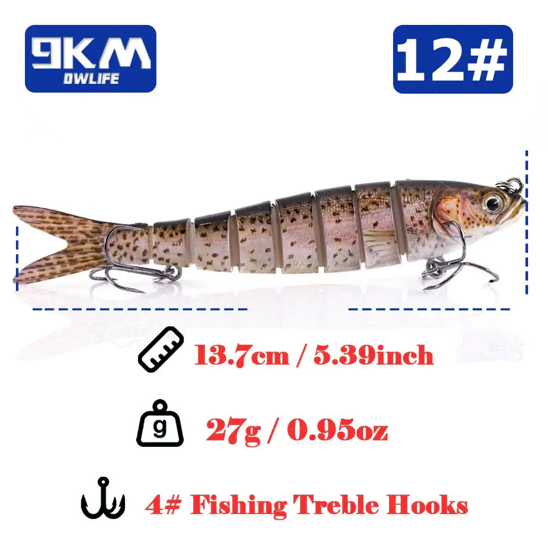 Lifelike multi-jointed swimbait for bass and trout, 13.7cm, 27g, with 4# treble hooks for effective fishing.