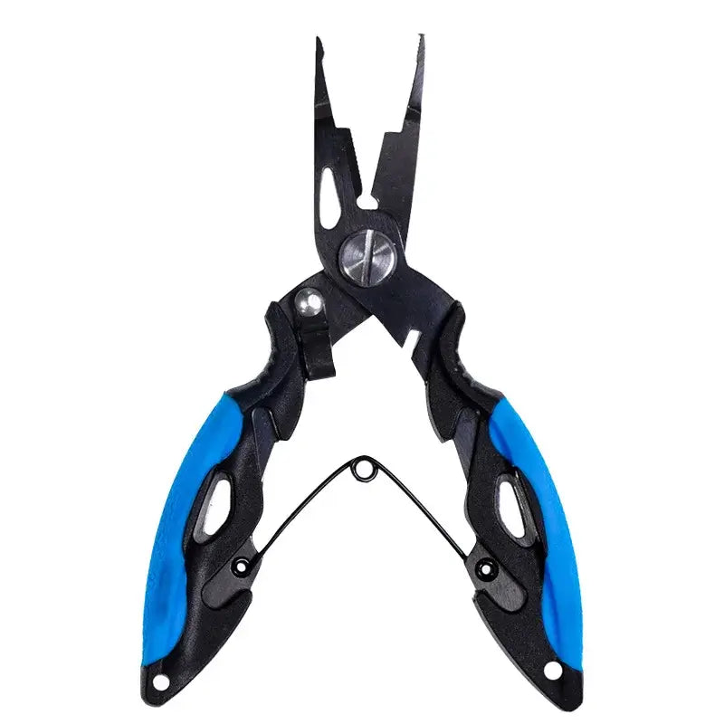 Multifunctional fishing pliers with blue grips, ideal for cutting lines and removing hooks.