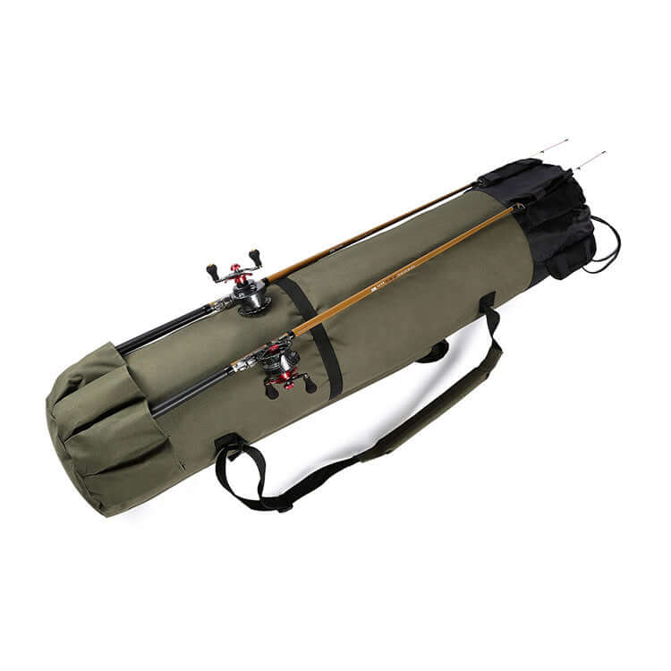 Cylindrical fishing bag with multiple fishing rods, durable and water-resistant for easy transport and storage.