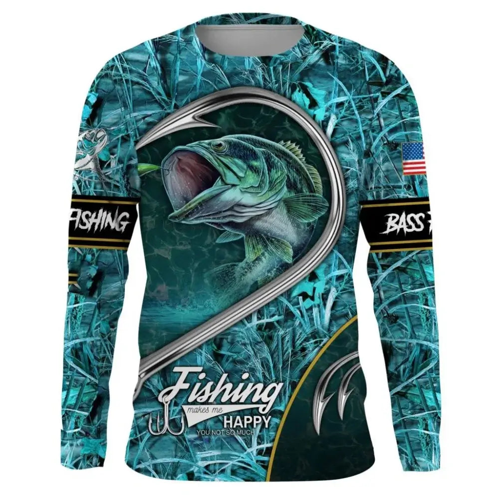 Men's long sleeve fishing shirt featuring a bass graphic and 'Fishing makes me happy' text, perfect for autumn outings.