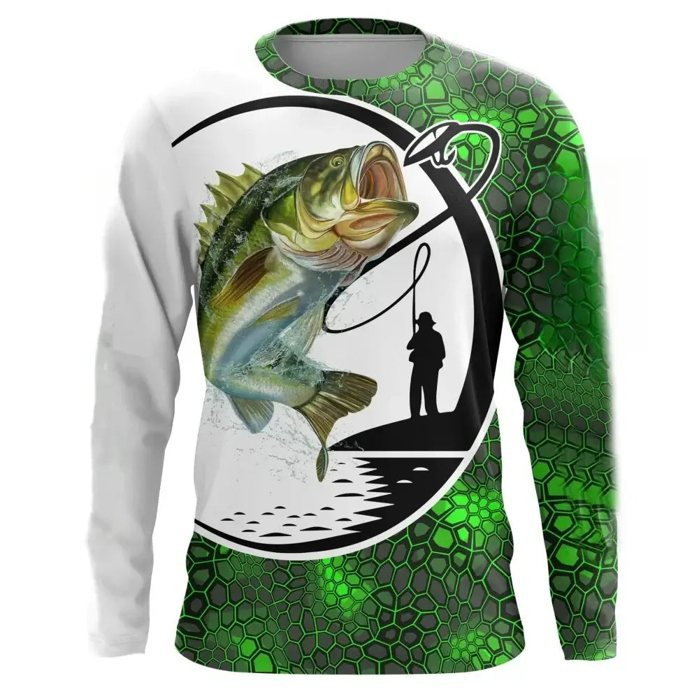 Long sleeve fishing shirt featuring a bass graphic, perfect for casual autumn outings and outdoor activities.