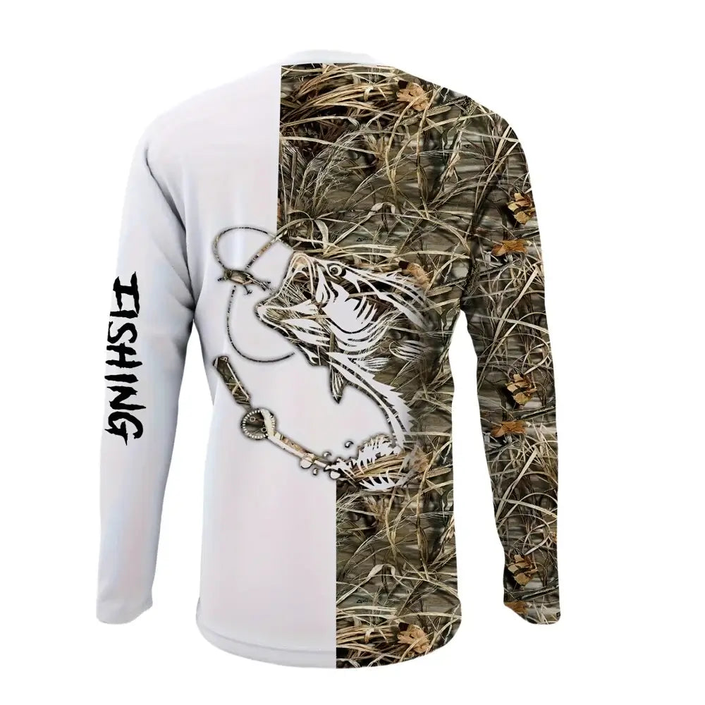 Men's long sleeve fishing shirt with camouflage design and graphic, perfect for outdoor activities and casual wear.