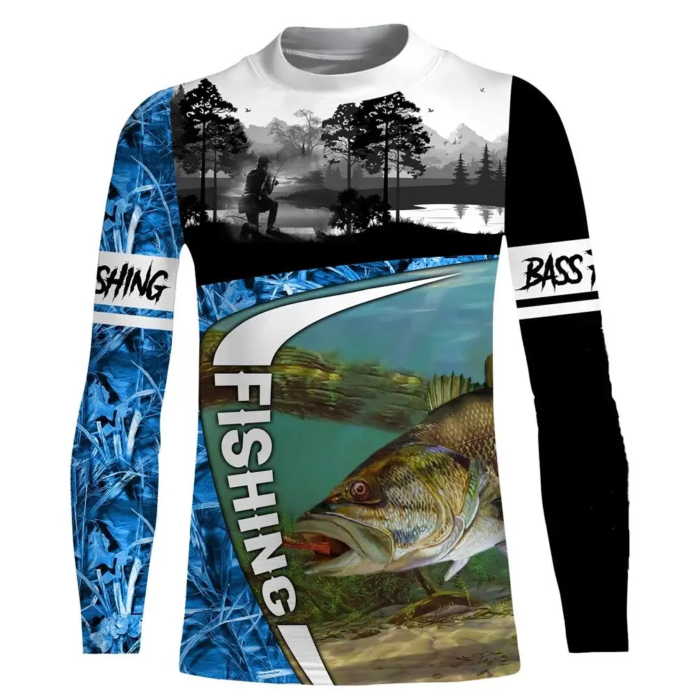 Men's long sleeve fishing shirt featuring a bass graphic, ideal for casual and outdoor wear in autumn.